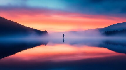 Obraz premium Misty Lake at Dawn with Eerie Atmosphere and Solitary Figure Standing at the Shoreline