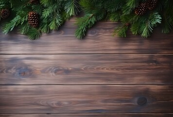 Christmas Wooden Background with Pine Branches