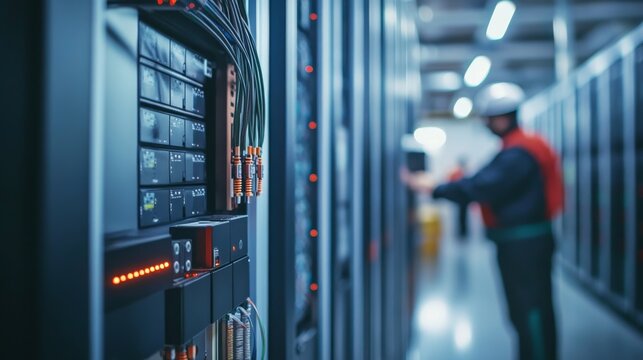 A view of electrical equipment in a data center, with rows of servers and UPS systems, and a technician performing checks, - Powered by Adobe