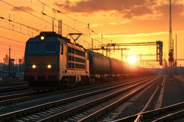 Fototapeta premium A powerful locomotive pulling a long line of cargo wagons on an industrial rail track, with cranes and warehouses in the background at sunset