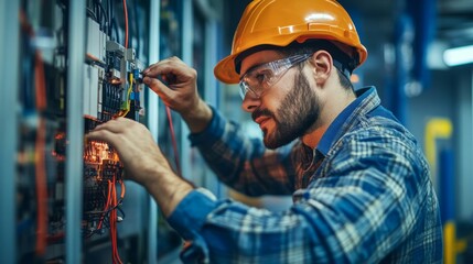 A technician conducting preventive maintenance on electrical systems in a factory, with a focus on minimizing downtime,