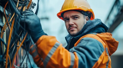 A high voltage technician wearing protective gear, working on a substation, carefully handling live high voltage cables,