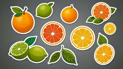 Colorful stickers with oranges and limes on a grey background.
