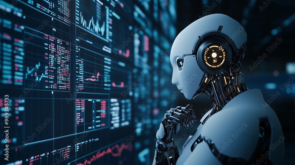 Poster a humanoid robot analyzes data on a high-tech display in a modern control room during a futuristic s