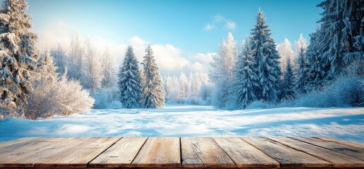 Wooden table in a wintery forest with snow-covered trees.
