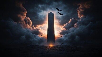 Mysterious Gothic Tower in Desolate Landscape with Dark Clouds and Flying Crows