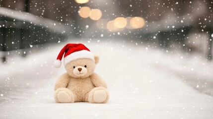 A cheerful teddy bear in a Christmas hat peeks out from the snow, embodying winter joy and festive spirit in a serene landscape