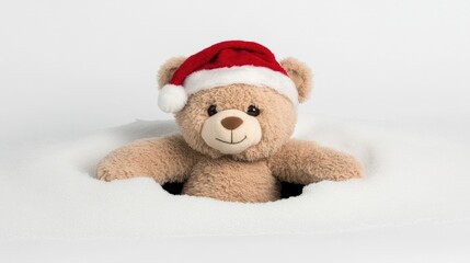 A cheerful teddy bear in a Christmas hat peeks out from the snow, embodying winter joy and festive spirit in a serene landscape
