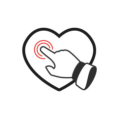 Hand and heart sign for social media, blog, vlog, web, banner, print, card. Click on Heart button with hand pointer clicking.