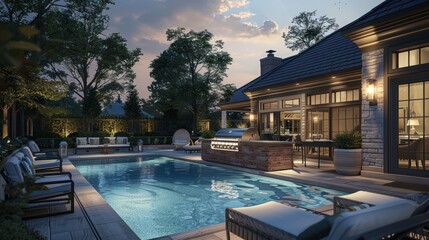 Fototapeta premium Luxury Backyard Oasis with Pool and Grill