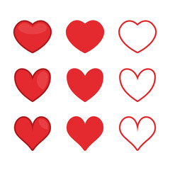 Red hearts icons set. Love, Loving heart icon. Like and lovely romance outline symbols. Valentines day loving signs collection.