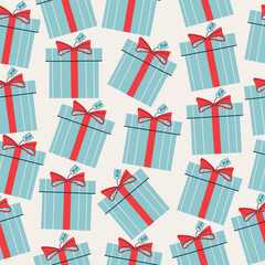 Flat vector illustration of gift box, Christmas presents packaging. Winter holiday surprises packaging. Preparation for Christmas and New Year celebration.Blue gift box seamless pattern background.