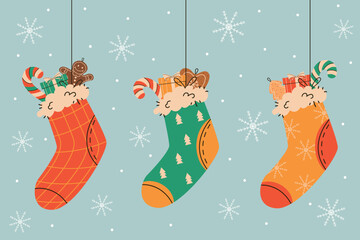 Flat vector illustration New Year socks with sweets and gifts inside. Background with snowflakes. Idea for a postcard, cover, banner. Festive cozy craft in retro style.