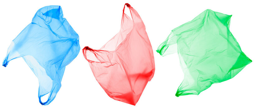 plastic waste and pollution: colorful plastic shopping bags isolated, different views, blue, red and green