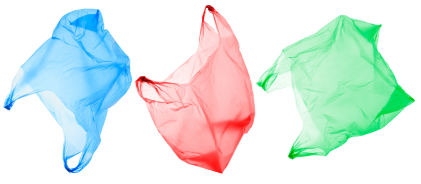 plastic waste and pollution: colorful plastic shopping bags isolated, different views, blue, red and green