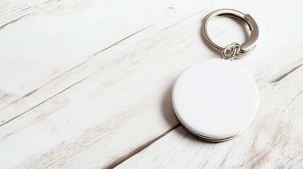 Minimalist White Round Keyring Mockup on Light Whitewashed Wood for Custom Design and Branding Presentations