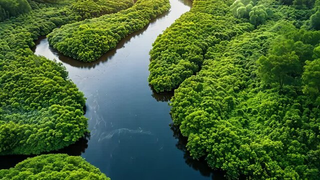 Explore the winding river surrounded by lush green forests at sunrise in a breathtaking landscape