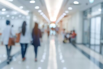 A blurry image of a hospital hallway with people walking and sitting, generative ai image