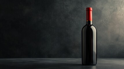 A single bottle of wine, uncorked, sits against a sleek, dark surface.
