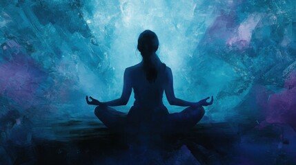 Woman meditating in yoga pose with abstract blue background, concept of mindfulness and peace