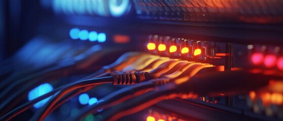 Obraz premium Server Rack with colorful Network Cables and LED Indicators.