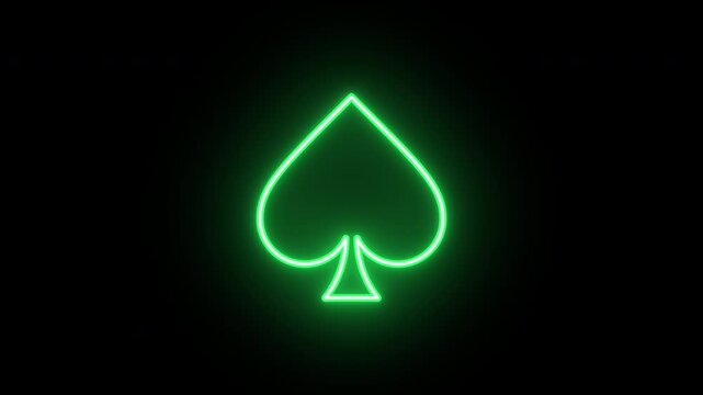 Neon poker spade animation, flickering emergence and fading. Glowing neon spade ace icon, looped animation. Casino playroom, poker club, spades suit, gambling card game, Vegas. Yellow, green, orange