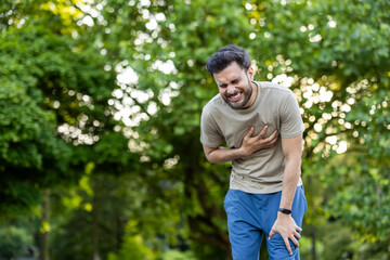 Young Indian man doing sports and jogging in the park, looking forward, holding hand to chest and...