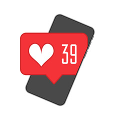 Like, Heart icons on smartphone screen. Social nets orange heart web notification and smart phone.