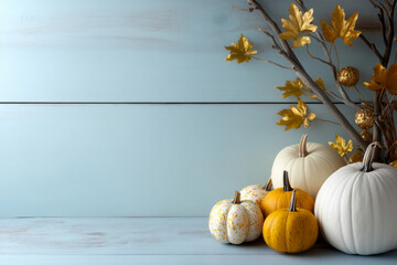White pumpkins and autumn leaves on a pastel blue background. Seasonal fall theme