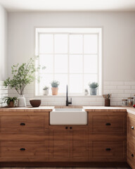 Modern kitchen featuring natural wood elements and a bright, Inviting window space