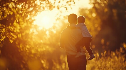 father and son in the park. father day silhouette happy family child dream concept. father carries his son on his back. dad playing with his son in nature in the park silhouette at sunset lifestyle