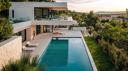 Fototapeta premium A stylish, modern villa with a beautiful swimming pool, offering stunning views of the surrounding area.