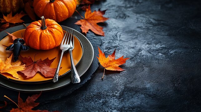 A table setting for a fall holiday. A plate and silverware are on a dark background, perfect for a Halloween or Thanksgiving celebration.