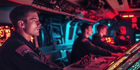 Naval personnel operate advanced equipment in a dimly lit control room, focused on strategic maritime tasks, red lighting creates an intense atmosphere, selective focus

