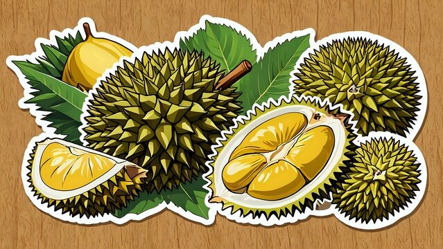 A cartoon illustration of four durian fruits, including a whole durian and three durian segments, surrounded by leaves on a wooden background.