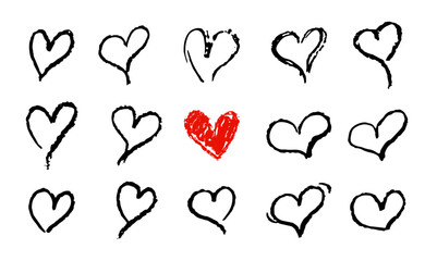 Sketchy hearts chalk style set vector illustration. Black and red hearts shapes silhouettes in marker or paint stroke style. Crayon or wax pencil drawing doodle elements. Collection of symbols of love
