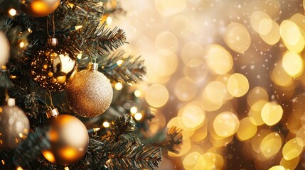 Christmas Tree with Gold Ornaments and Warm Bokeh