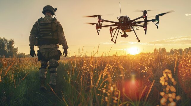 Silhouette of a soldier operating drones for military combat and reconnaissance missions
