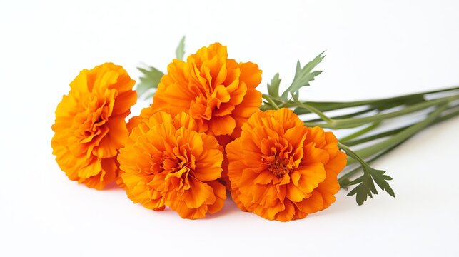 Beautiful orange marigolds are shown against a white background. The photo is taken from the side.