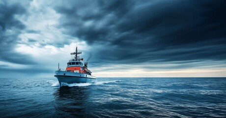 Fototapeta premium Coast guard vessel navigates stormy waters under dark clouds, performing a security operation in challenging weather, copy space, selective focus