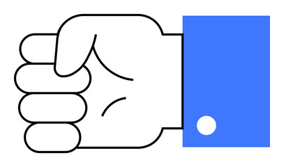 Simple drawn closed fist with blue sleeve. Ideal for communication, symbols, motivation, determination, and cohesion themes. Minimalist line art style. Strong hand