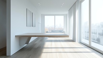 Fototapeta premium A minimalist fold-out dining table with integrated chairs, perfect for small apartments, displayed in a bright, open living space.