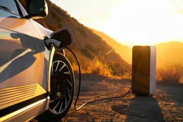 A powerful, reliable portable EV charger next to electric SUV, ready for any adventure in any condition.