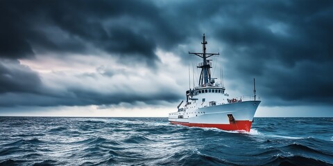 Coast guard ship sails through rough ocean waters under dark, stormy skies, highlighting maritime security in challenging conditions, copy space, selective focus

