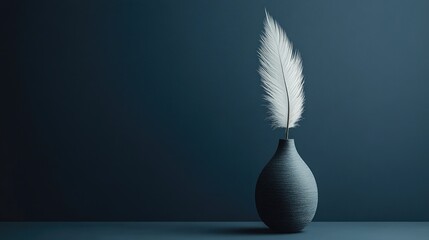 A minimalist vase with a unique shape, filled with a single, elegant feather.