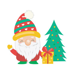 Christmas cute gnome in flat design. Dwarf with gift by festive tree. Vector illustration isolated.
