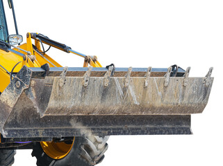 Bulldozer lifting bucket. Excavator bucket on a white