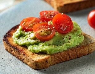 A slice of toasted sour dough bread with avocado and tomato on top