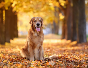 a golden retriever sits in an autumn park