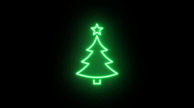 Neon Christmas tree animation, flickering emergence and fading. Glowing neon Christmas tree icon with star, looped animation. New Year tree, christmas decoration, xmas spruce. Golden, green, orange